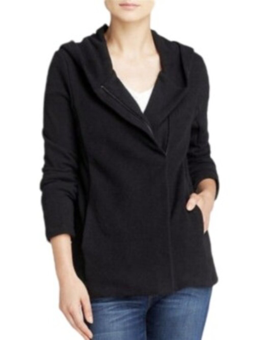 James Perse Black Asymmetrical Zip Hooded Sweatshirt Jacket Size 1